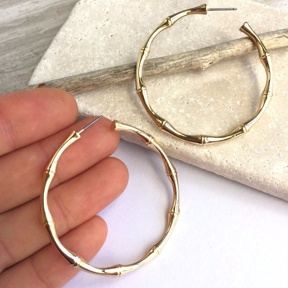Large Bamboo Gold Hoop Earrings ~ NEW - Picture 2 of 4